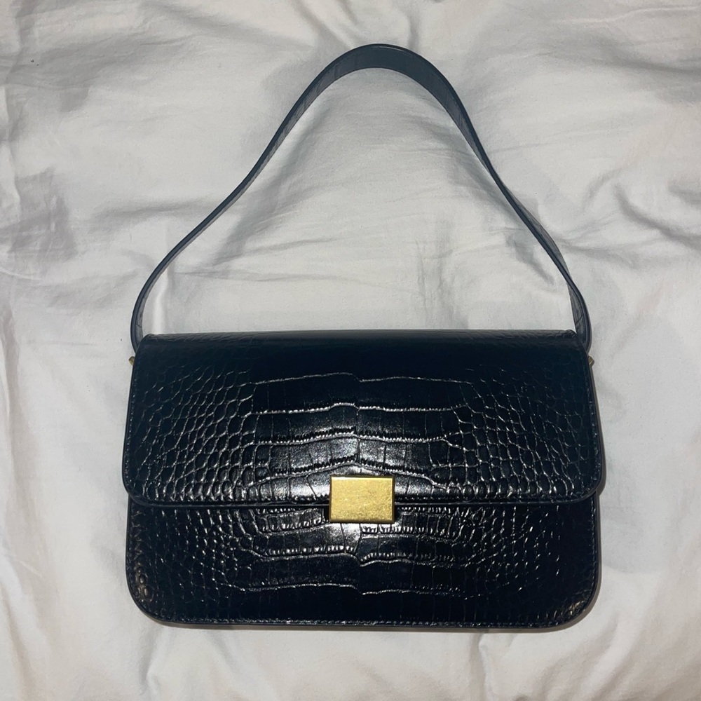 JW PEI Black Croc-Embossed Shoulder Bag with Gold Hardware